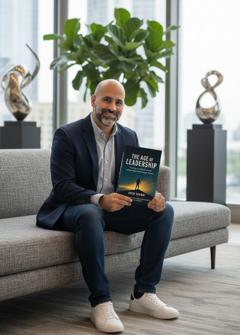 Oren Yakobi holding The Age of Leadership book